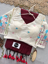 Marun Handloom Cotton Saree With Embrodery Work Redy Made Blouse